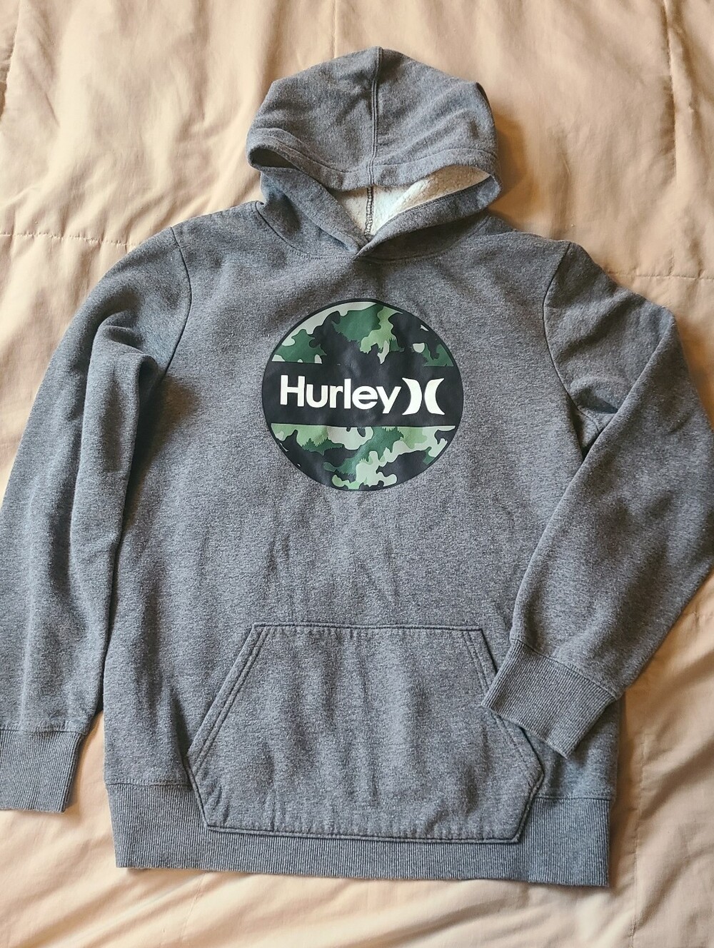 Hurley Kids Gray Hoodie with Green Camo Logo, Size 18/20